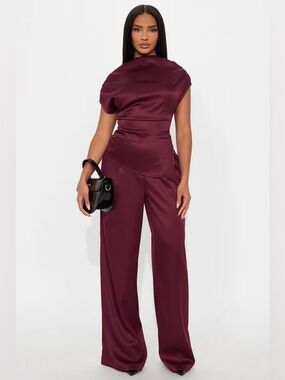 Sleek Burgundy Satin Jumpsuit with Draped Bodice